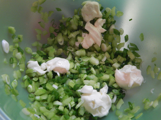 Adding mayo, spices, and chopped veggies into the bowl.  Photo by JenPaxton