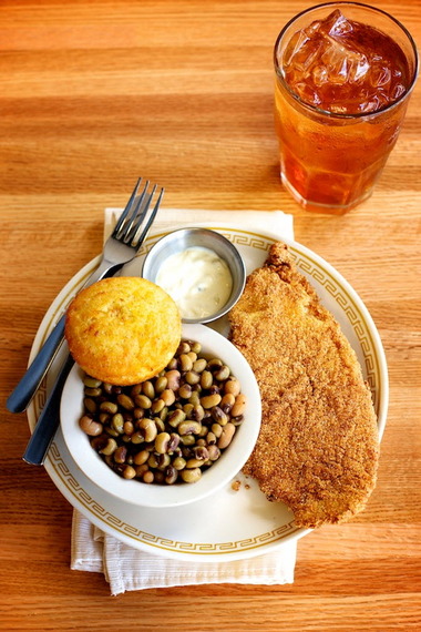 Faith and Nathaniel ordered the special: catfish, black-eyed peas, and cornbread