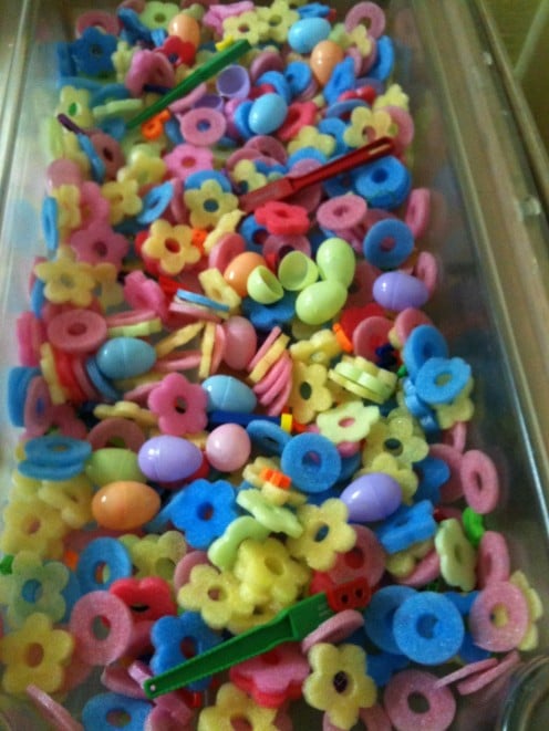 This one the teacher I assist came up with the foam flowers and the eggs for a Spring/ Easter Time Theme.