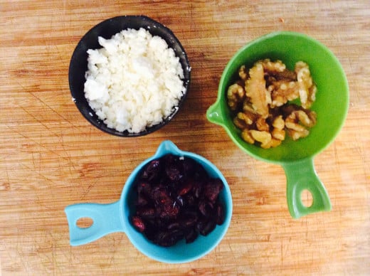 Toppings (feta cheese crumbles, walnuts, dried cranberries)