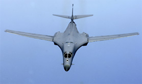 A non-stealthy supersonic bomber, the USAF's B-1Bs could drop massive loads of GPS-guided bombs.