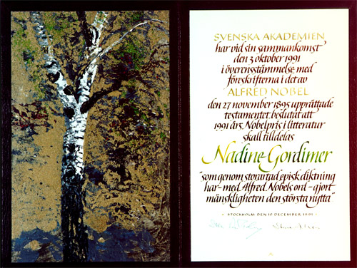 Nobel Diploma for Gordimer's Nobel Prize in Literature 1991.