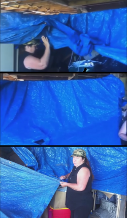 Stringing nylon ropes above the pile of totes across each end and down the center to support the tarp allowing the tarp to drape over the pile like a tent.