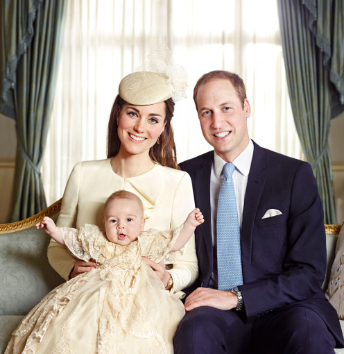 The royal family of Cambridge poses for a photo op in honor of Prince George's christening.