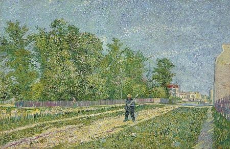 “Route aux confine de Paris, avec payson portrait la beche sur l’epaule (Path on the outskirts of Paris, with a peasant carrying a spade)” 1887 Van Gogh