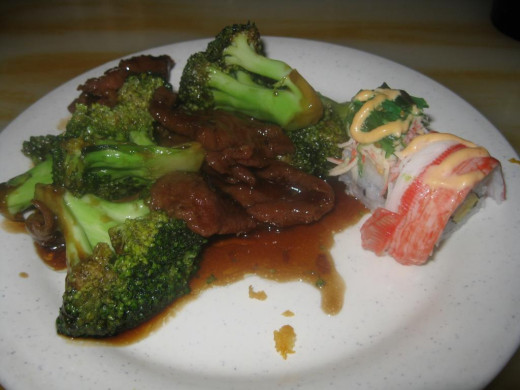 Beef and Broccoli with Sushi at Hibachi restaurant - DrewryNewsNetwork.com