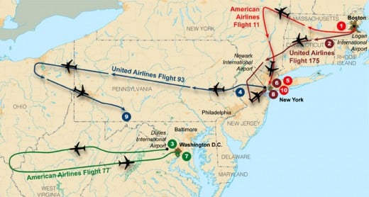 The proposed flight paths of the 4 hijacked airliners.