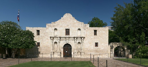 The restored mission chapel of the Alamo in modern day San Antonio, Texas.