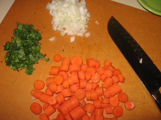 Step 5: Chop fresh veggies and herbs for all the recipes at the same time, then pour into the corresponding bags. 