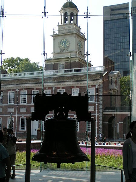 A view of the Liberty Bell with Independence Hall in the background.