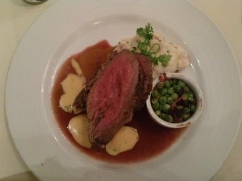 Chateaubriand with peas and potatoes on the second elegant night. Delicious!