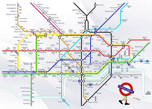 Created by Joe Watson and Aryven Arasen, this is a different version of the tube map showing walking distances between stations. Not full map.
