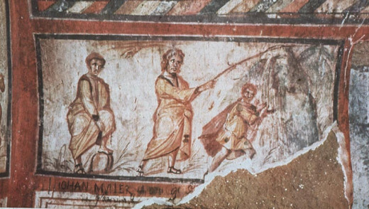One of the earliest examples of Christian art. Depicts Moses (possibly representing the apostle Peter) striking the rock in the desert (cf. Num 20:11).