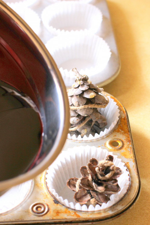 Pour the wax over and around the jute-wrapped pine cones.
