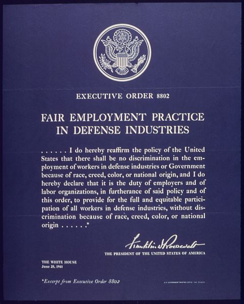 Signed by then US President Franklin D. Roosevelt on June 25, 1941 was the first Federal document to prohibit employment discrimination. 