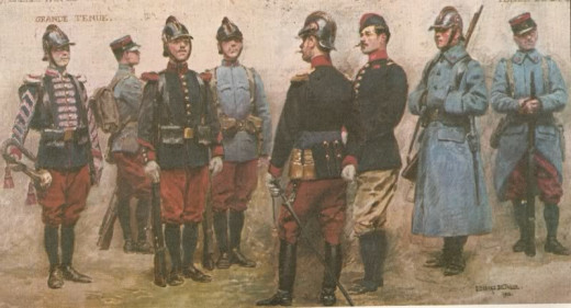 French troops went to war in 1914 in colourful and all too visible uniforms and soft hats. Soon they and all armies would be wearing duller shades of camouflage clothing, topped with protective steel helmets.
