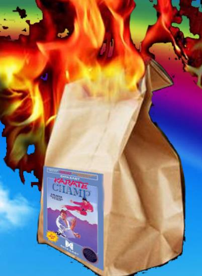 In the original packaging, Karate Champ arrived on your doorstep inside a bag of flaming dog poop. The kids loved it. This is the official advertisement from Nintendo Power. Data East really knew how to market their games appropriately.