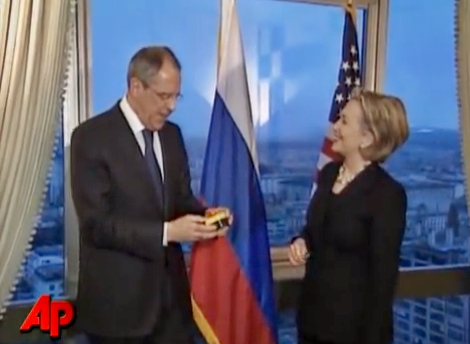 Former Secretary of State Hillary Clinton presents Russian Foreign Minister Sergei Lavrov with a "reset" button in 2009.