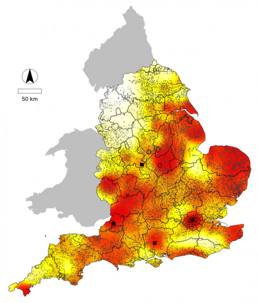 Population density in England towards the close of the 11th Century - the limit on the eastern side is the R. Tees, immediately south of which the land is more sparsely populated than it should be. See below:   