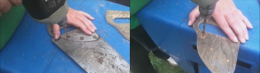Use the old saw blade and set it on top of the first handle section. Then mark the holes in the blade onto the wood handle. After marking drill the holes in the handle.