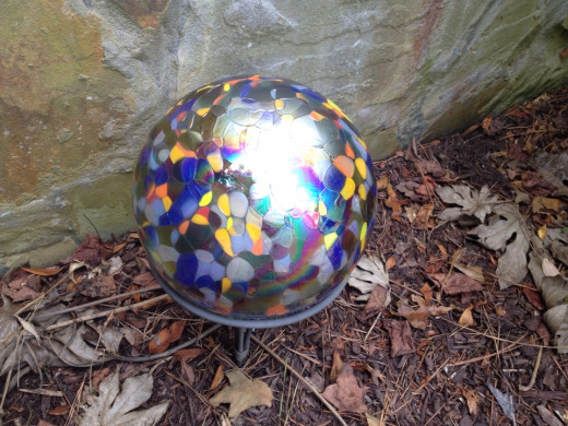 Mosiac gazing ball with ground stake.