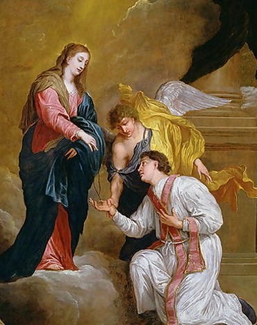Saint Valentine kneels before angels