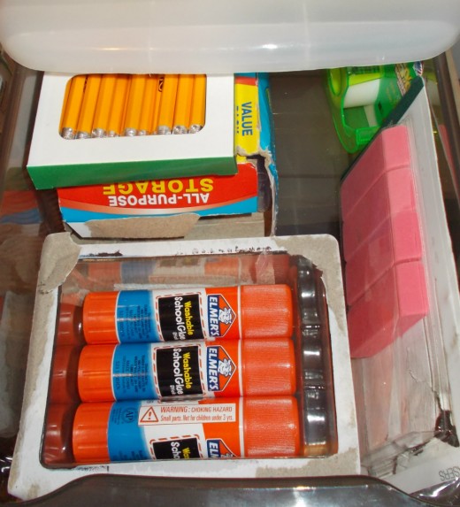 A school supply drawer can hold items like extra pencils, glue sticks and erasers. 