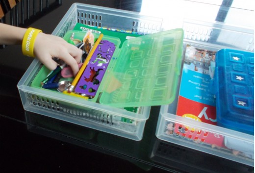 Homework supplies are easy to find in an at-home pencil box.