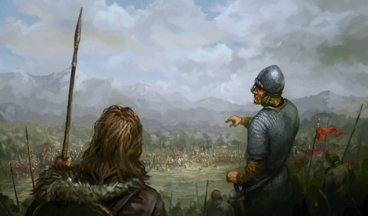 Aethelstan looks over the Norse-Scots-Welsh-Irish camp before the Battle of Brunanburh. He used a ploy to outwit the Norsemen, challenging the leaders to a 'holmgang', gaining time to get his men in position whilst Norse preparations went ahead