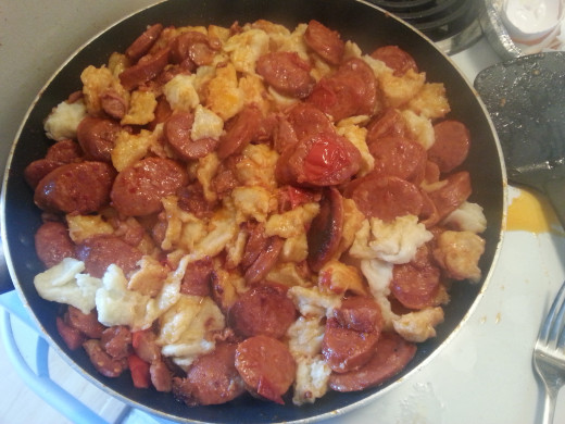 Chorizo and Bacon Gnocchi in the pan