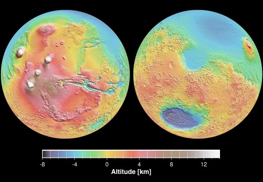 Ouch. The Mars Orbiter's topographical relief maps reveal the ancient scars of the Borealis (north, light blue) and Hellas (south) Basins.