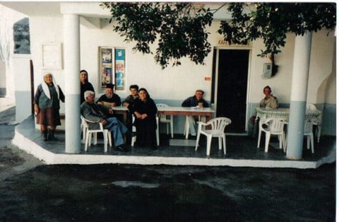 Traditional kafeneio in Mesanagros located at the entrance of the village and next door to the historic 5th century AD church, Panayia tis Theotokou.