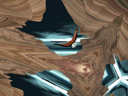 An Eagle Flies Through - I started with a scene with strata, which you can add with plug-ins. The eagle was rendered in Vue d'Esprit. I then created different angles by "folding" the image in Paint Shop Pro, and added the eagle.