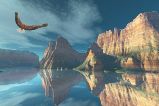 Mirror Lake - I made this for a contest, but missed the deadline for entering. The eagle was rendered in Vue d'Esprit and added in Paint Shop Pro.