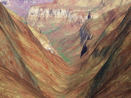 Looking Down Canyon - Using the Grand Canyon terrain, this is an early attempt to reproduce the appearance of the Grand Canyon. It didn't work, but I like the image anyway.