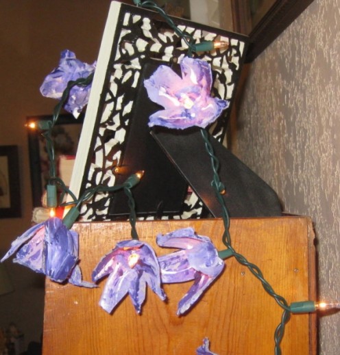 Purple egg carton flower strand. All Photos by Peggy Hazelwood