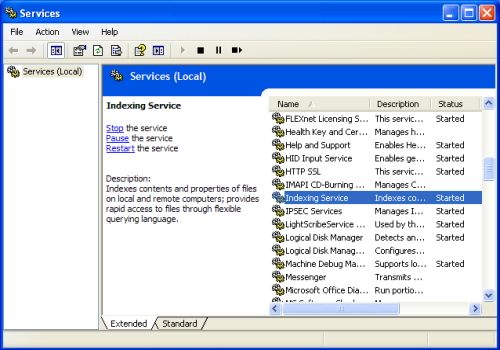 Scroll down in the Services Window until you see the Indexing Service entry.