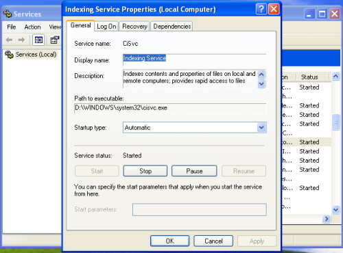 The Indexing Service Properties window.