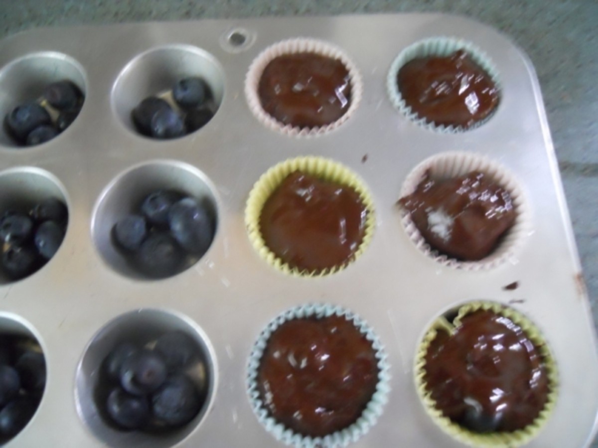 Scoop tablespoonfuls of chocolate into 6 of the cups.   Here I show 6 cups sprayed with cooking spray and 6 cups lined with paper muffin liners.
