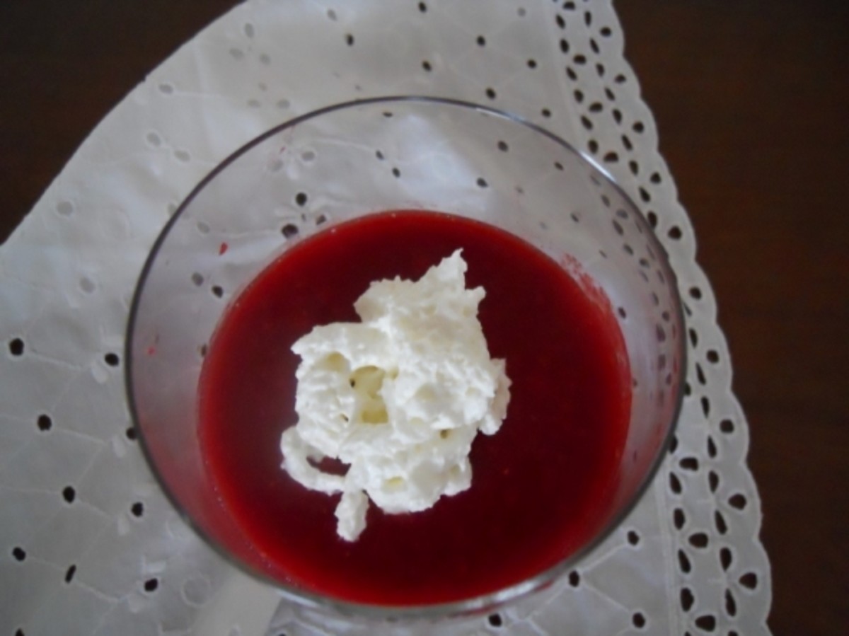 Gelled mixture is spooned into individual serving dishes and whipped cream is placed on top.