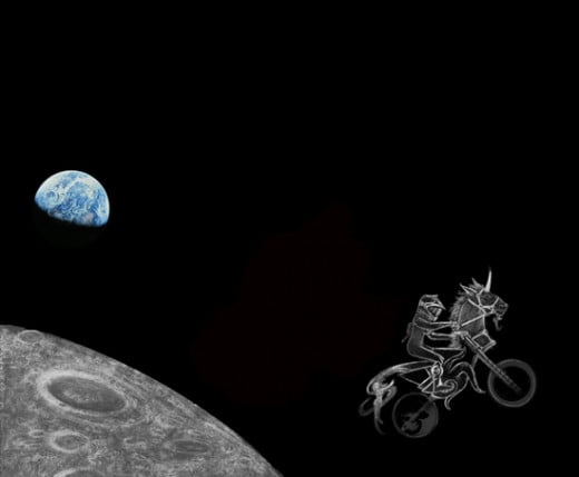 Space motorbike leaving the moon at earthrise
