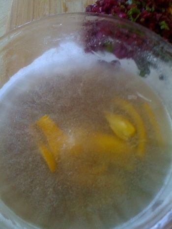 Frozen potato cooking water with yellow pepper bits