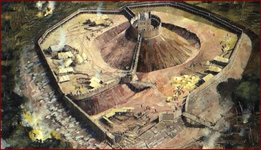 An artist's impression of Pickering Castle in the North Riding of Yorkshire, in the course of construction