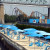 Marina's dock with Six Flags amusement park after the bridge Marina's dock with Six Flags amusement park after the bridge