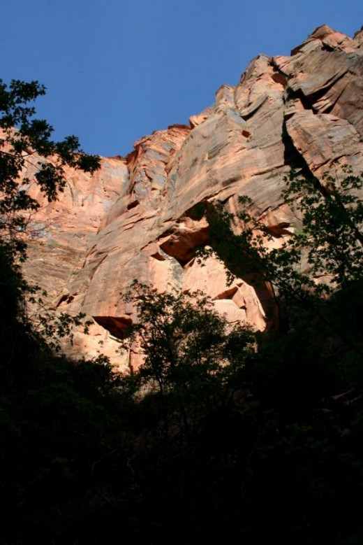 You can see where a large rock fell from the sheer red cliff at Zion
