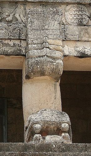 A close up of the jaguar hieroglyphics on the Jaguars on the Lower Temple of the Jaguars at Chichen Itza