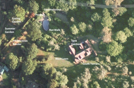 Annotated aerial view of the garden at Munstead Wood