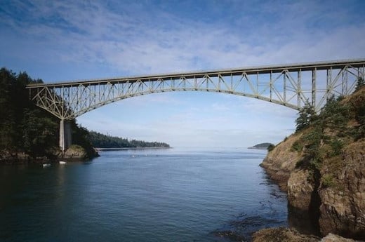 Deception Pass Bridge -  Famous 2 lane bridge that connects Whidbey Island to Fidalgo Island. Bridge width is 28 ft. and height is approx. 180 ft.