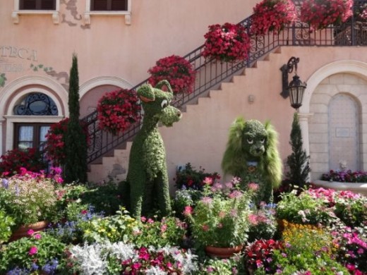 The Lady and the Tramp Topiary at Epcot