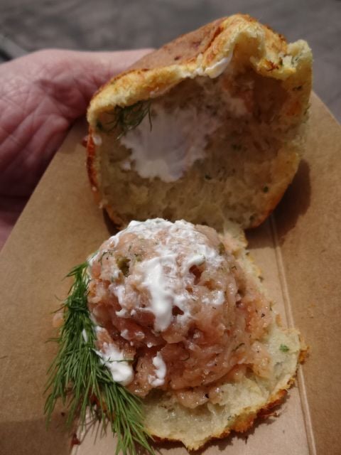 Potato, Chive and Cheddar Cheese Biscuit with Smoked Salmon Tartare and Sour Cream